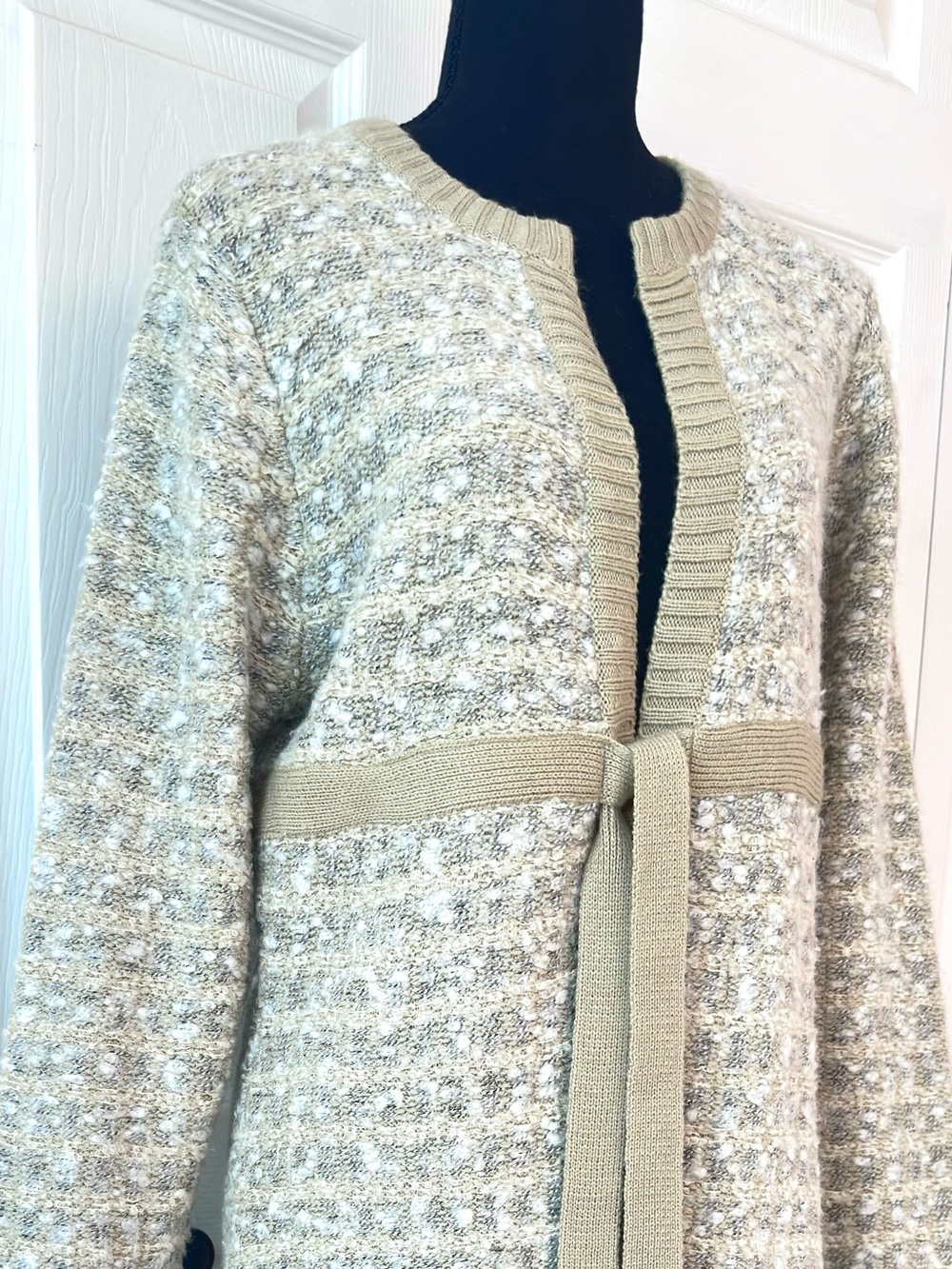 Beige/Gray/Cream Knit/Wool Long Open Front Cardigan with Attached Tie Belt - Picture 4 of 12